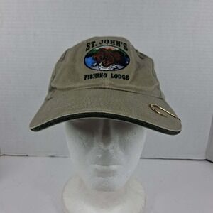 St Johns Fishing Lodge Hat Khaki Tan Bear Embroidery Fish Hook 2006 Flags Mens
